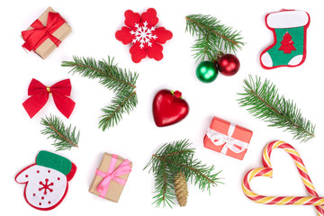 Christmas background with fir branches isolated on white background. Top view. Flat lay