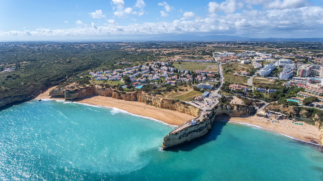 Aerial. Beautiful Portuguese beaches Armacao de Pera, view from the sky.