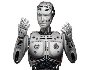 Very detailed futuristic robot or cyborg looking at his hands. Upper body front view. Isolated on white background. 3D Render