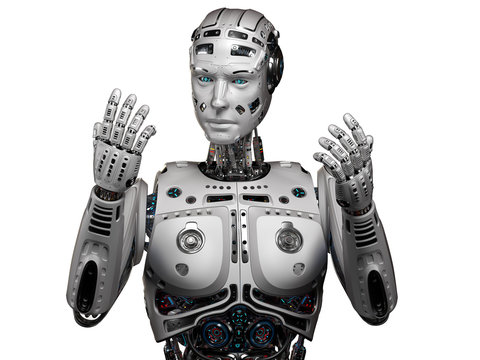 Very detailed futuristic robot or cyborg looking at his hands. Upper body front view. Isolated on white background. 3D Render