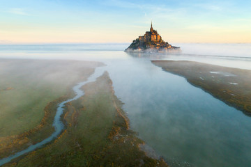 aerial view to river and castle in the morning