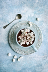 Homemade hot chocolate with mini marshmallow.Top view with copy space.