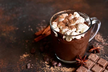 Foto op Aluminium Huisgemaakte pittige warme chocolademelk met mini marshmallow. © lilechka75