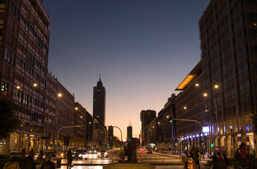 Milan at blue hour, after sunset. Centre of Milan, city of fashion, luxury and business. Italy