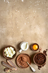 Ingredients for making traditional italian cake tiramisu.Top view with copy space.