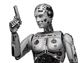 Obraz na płótnie Canvas Futuristic robot or detailed cyborg holding a gun. Upper body isolated on white background. 3D illustration