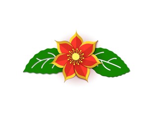 Paper cut design with flower composition. Beautiful background with fantasy floral decorations and leaves in yellow and red colour. Element of frame for floral greeting card. Vector illustration.