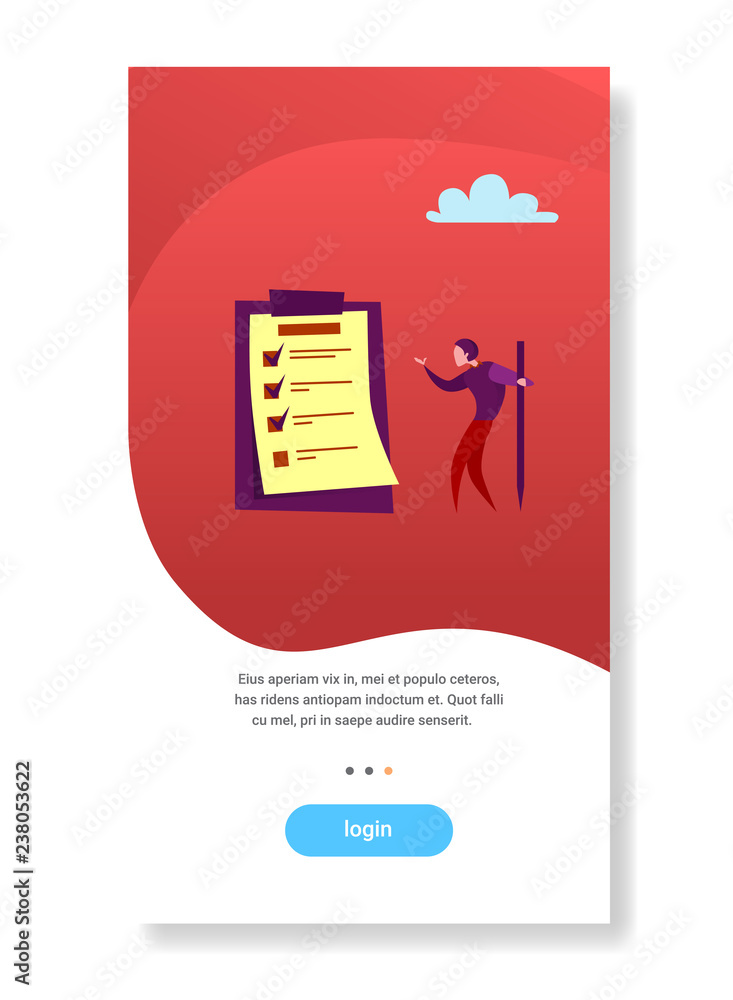 Poster businessman standing looking check list think problem solution planning strategy concept flat vertic