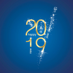 2019 Happy New Year firework champagne celebration gold blue banner greetings