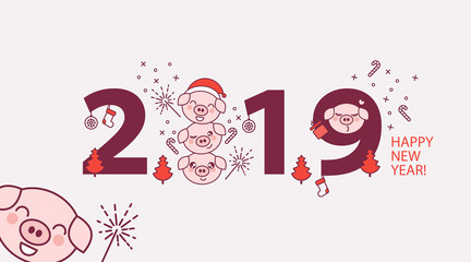Happy New Year banner, poster or greeting card with 2019 inscription and cute piglets in cartoon style on white background. Kawaii style pigs. Symbol of Chinese New Year 2019. Vector illustration. © Tanya Shulga