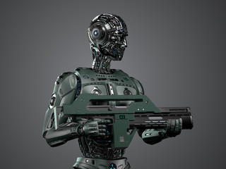 Naklejka premium Detailed military robot or cyborg super soldier holding a heavy gun. Upper body isolated on grey background. 3D Illustration