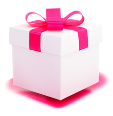 White gift box with pink ribbon