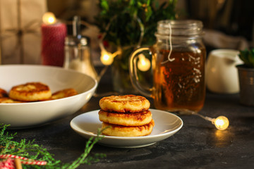 pancakes, chocolate, cheese cakes, cream, coffee . food background. copy space