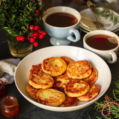 pancakes, chocolate, cheese cakes, cream, coffee . food background. copy space