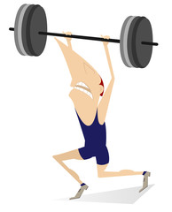 Cartoon man weightlifter illustration. Cartoon strong man is trying to lift a heavy weight isolated on white
