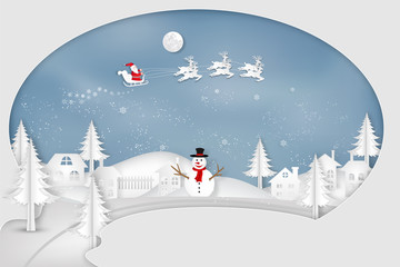 Obraz premium Paper art, cut and digital craft style of Santa Claus on Sleigh and Reindeer with snowman in the merry christmas night and happy new year 2019 as holiday and x'mas day concept. vector illustration.