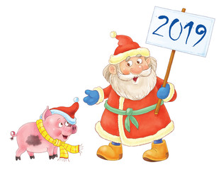 Christmas. New Year 2019. Year of Pig. Greeting card. Cute and funny cartoon characters
