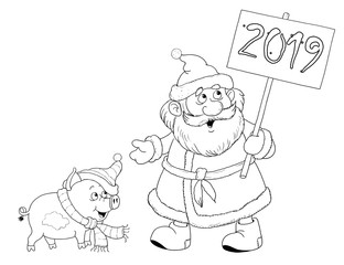 Christmas. New Year 2019. Year of Pig. Greeting card. Cute and funny cartoon characters