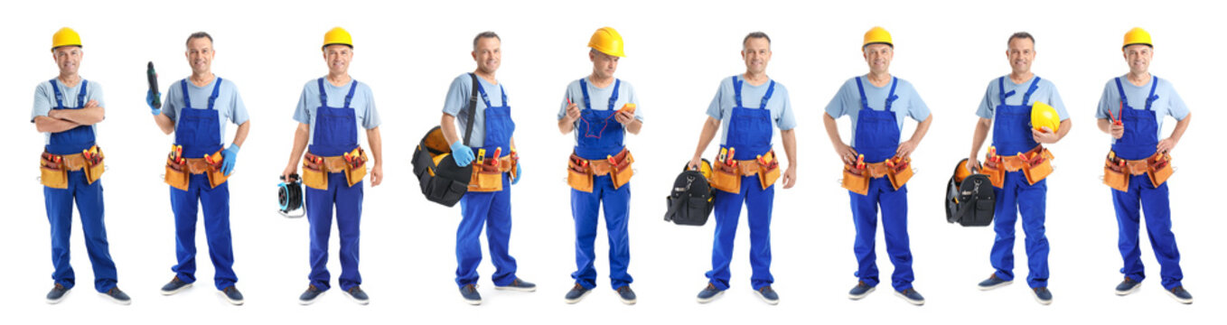 Set With Professional Electrician And Tools On White Background