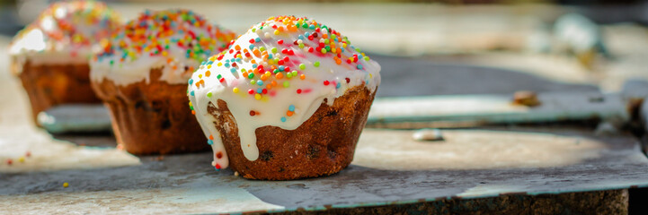 easter cake and easter eggs. Happy easter!   (traditional decoration and treats) easter food. Copy space. top view