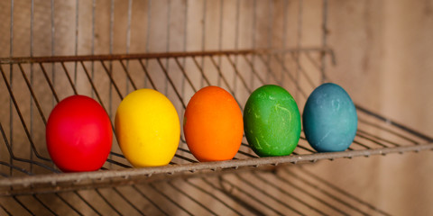 easter cake and easter eggs. Happy easter!   (traditional decoration and treats) easter food. Copy space. top view