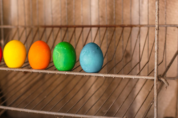 easter cake and easter eggs. Happy easter!   (traditional decoration and treats) easter food. Copy space. top view