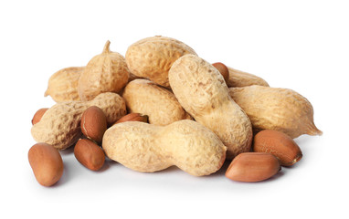 Raw peanuts on white background. Healthy snack