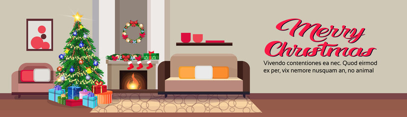 living room decorated merry christmas happy new year pine tree fireplace home interior decoration winter holiday concept flat horizontal banner copy space