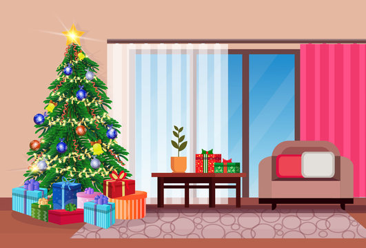 living room decorated merry christmas happy new year pine tree home interior decoration winter holiday concept flat horizontal vector illustration
