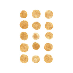 Set of golden dots painted in watercolor on clean white background