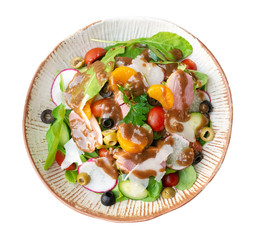 Smoked duck breast rocket salad orange balsamic vinaigrette in ceramic plate top view isolated on white background, clipping path included