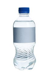 Fresh water in plastic bottle with empty label on white background. Space for design