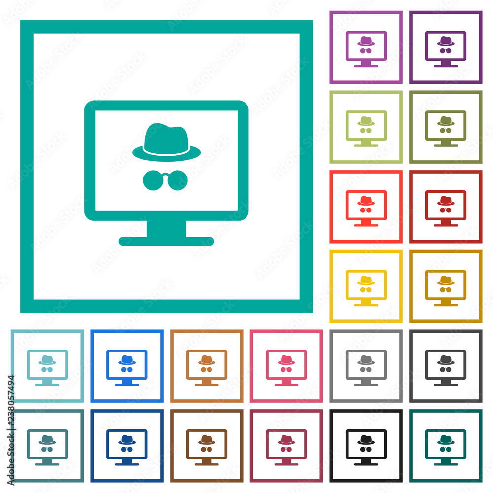 Aufkleber monitor with incognito symbol flat color icons with quadrant frames