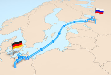 Nord stream 2 (industry concept). Blue main gasline from Russia to Germany over the Baltic Sea. Natural gas pipe line with gas valves on the Europe map with flags of supplier and importer