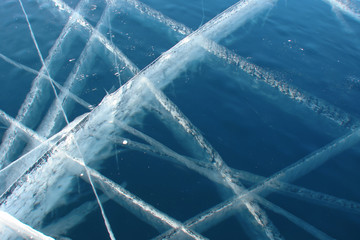 geometric pattern of white intersecting lines of deep cracks on a dark blue transparent surface of thick ice, close-up