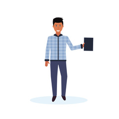 businessman holding folder standing pose happy man office worker male cartoon character full length isolated flat