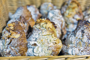 Croissants with almonds closeup