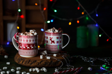 Christmas cup of hot chocolate with marshmallows