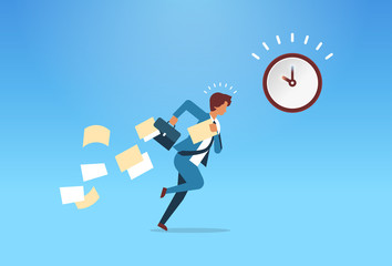 businessman running with falling papers from briefcase time management deadline concept flat horizontal
