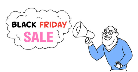 Man announcer hold megaphone chat bubble cloud black friday concept sketch doodle horizontal