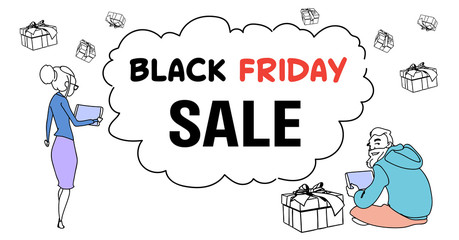 couple using tablet black friday online shopping concept chat bubble cloud rear view sketch doodle horizontal