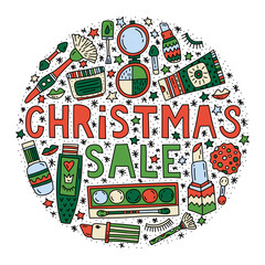 Christmas sale. Lettering with doodles