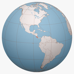 Costa Rica on the globe. Earth hemisphere centered at the location of the Republic of Costa Rica. Costa Rica map.