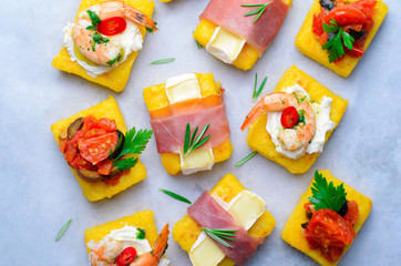 Polenta Bites with Different Toppings, Variety of Polenta Appetizers, Delicious Snack
