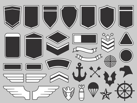 Military patches. Army soldier emblem, troops badges and air force insignia patch design elements vector set