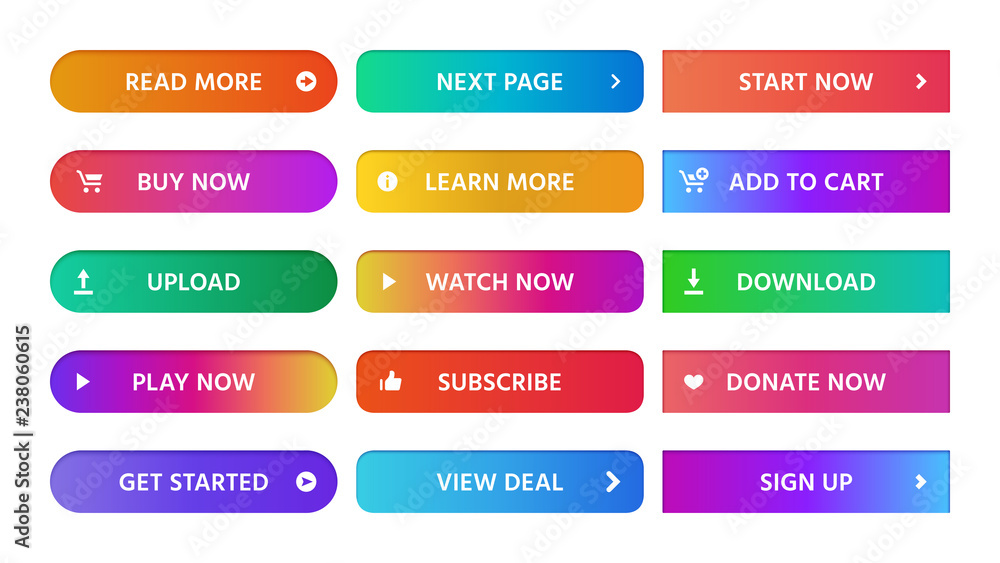 Poster gradient buttons. rectangular next page button, read more and add to cart icon colorful gradients we