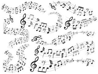 Musical notes. Music note swirl, melody pattern and sound waves with notes vector illustration set