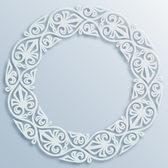 Paper style round white frame, vignette. Vector geometric border, bas-relief Elegant decoration, ornament, ethnic motif, traditional art. Element for greeting cards, poster, flyer, invitation template
