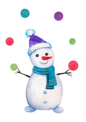 Watercolor funny snowman