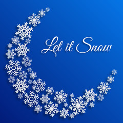 Christmas greeting card with white snowflakes. Let it snow text. Xmas blue vector background template. Elegant poster, flyer, creative decoration. New Year, Winter Holidays design for celebration